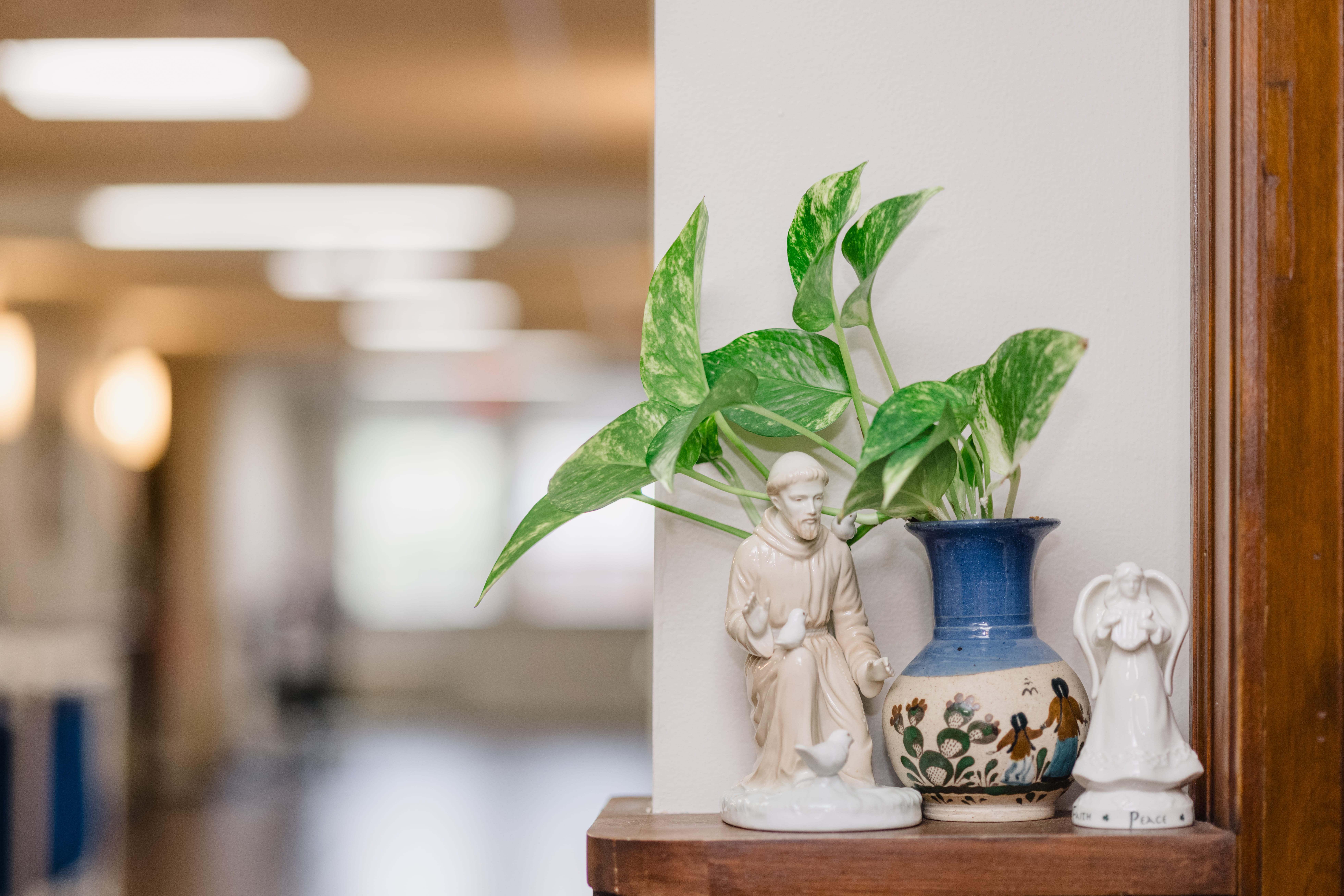 A shelf in the hallway with a statue of St Francis, a pot with a plant, and an angel statue on it.
