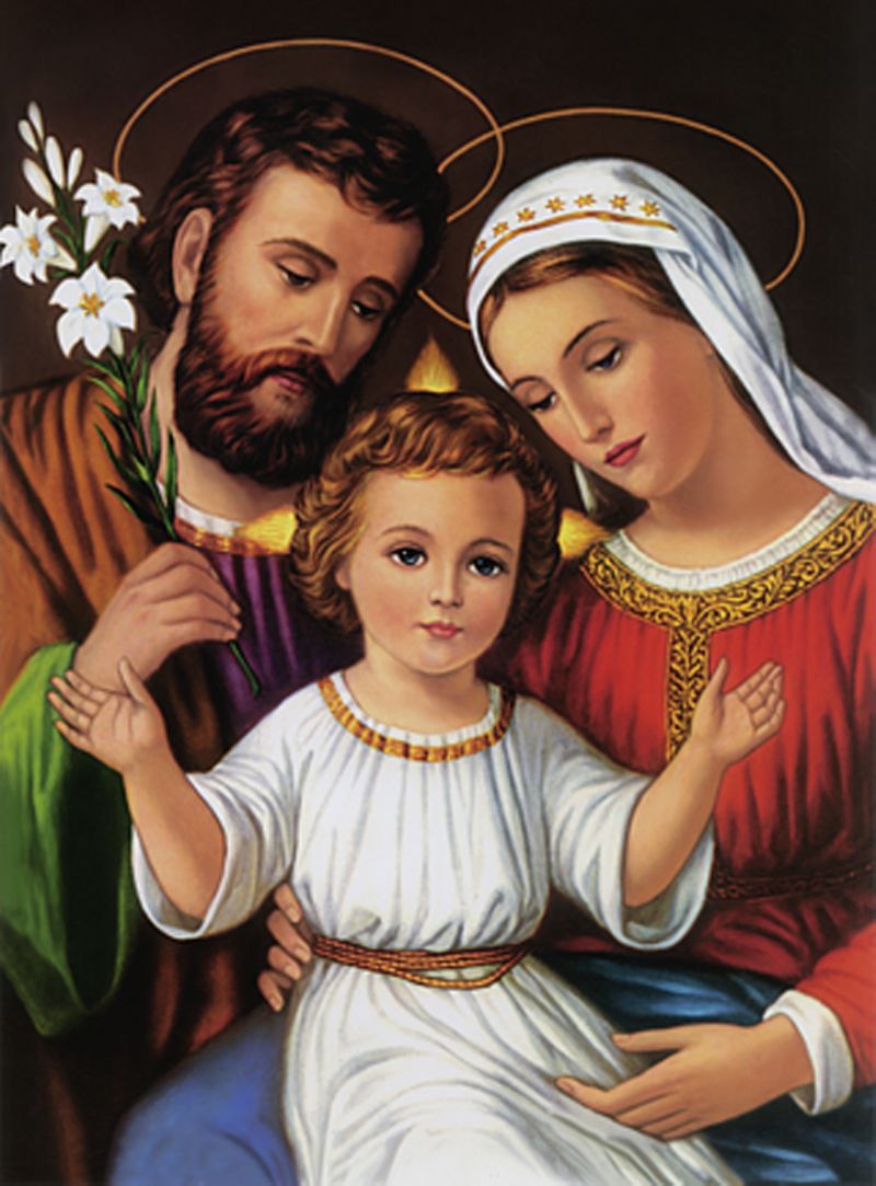 Painting of Baby Jesus, Mary, and Joseph. Joseph is holding white lilies.