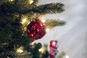 A red ornament on a Christmas tree