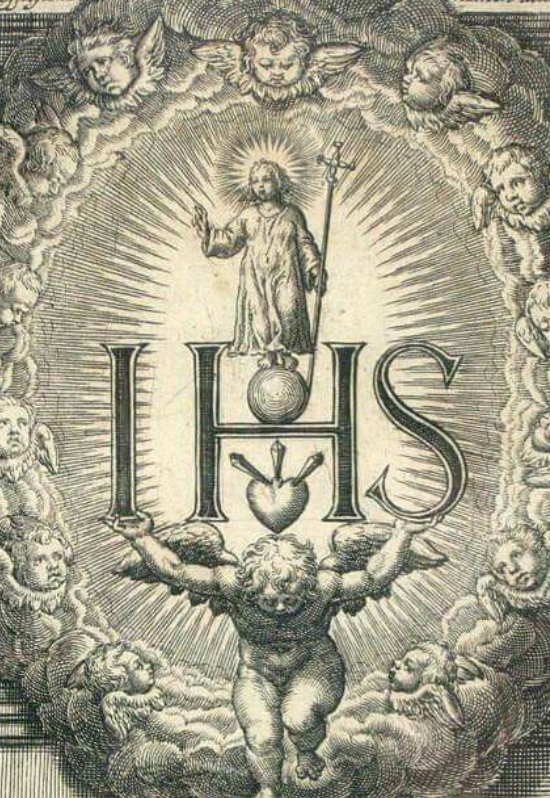 An illustration of the Christogram IHS, which symbolizes the Name of Christ (includes image of Christ, angels, and a pierced heart)